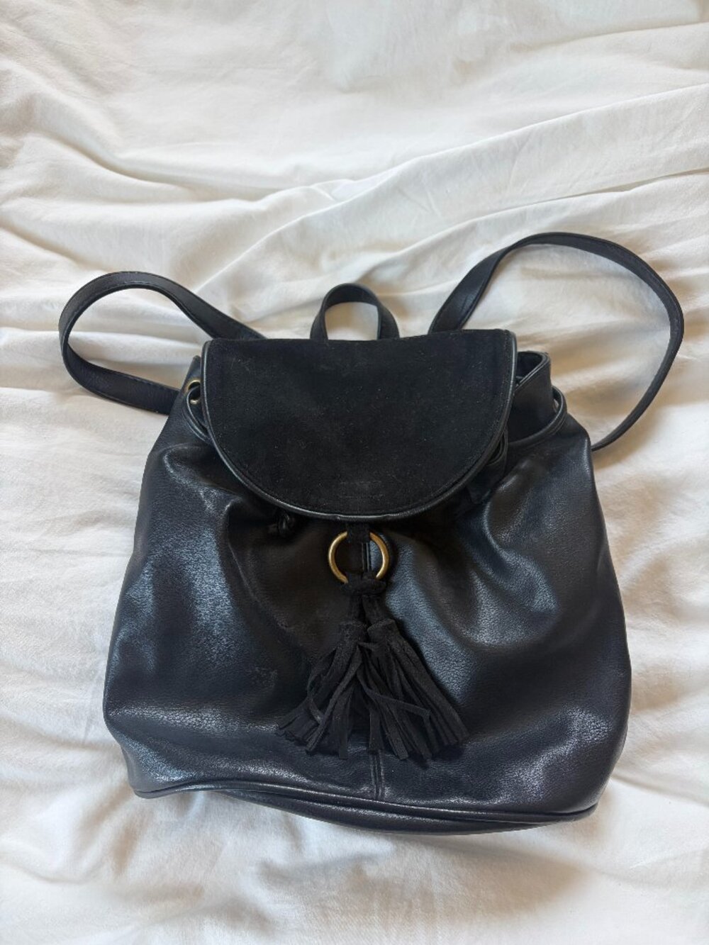 Black Leather Mini Backpack with Tassel Detail